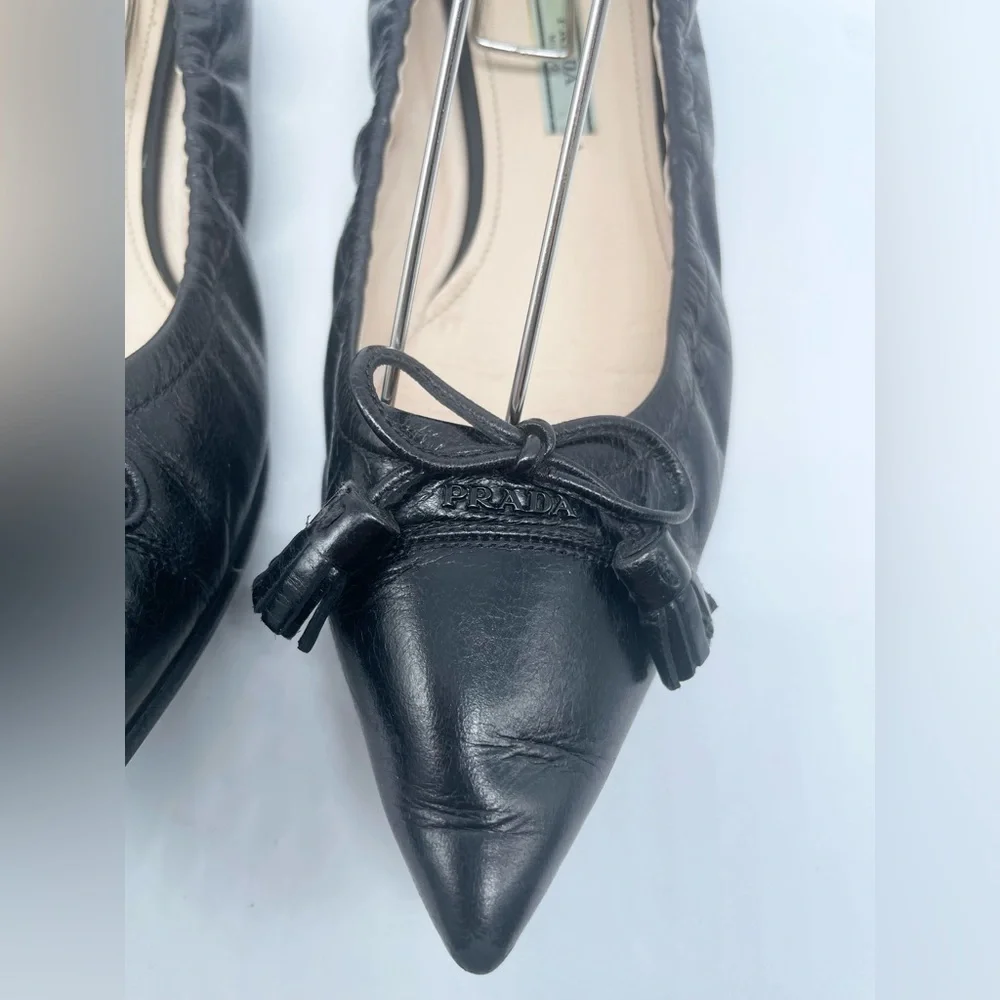 Prada Black Leather Cap toe logo embellish bow tie stretch ballerina flats EU 38